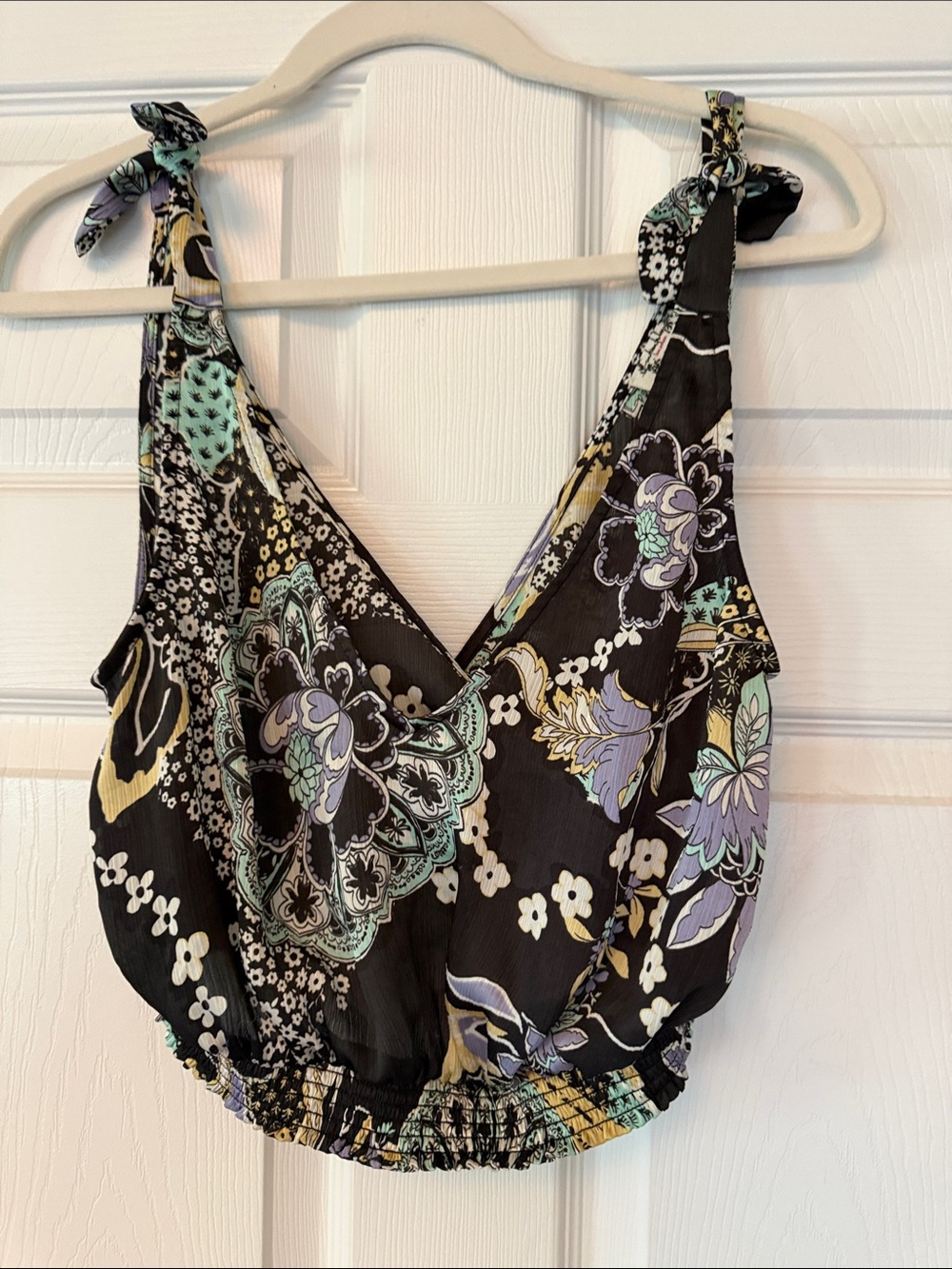 Free People Black Floral Paisley Tie-Shoulder surplice top